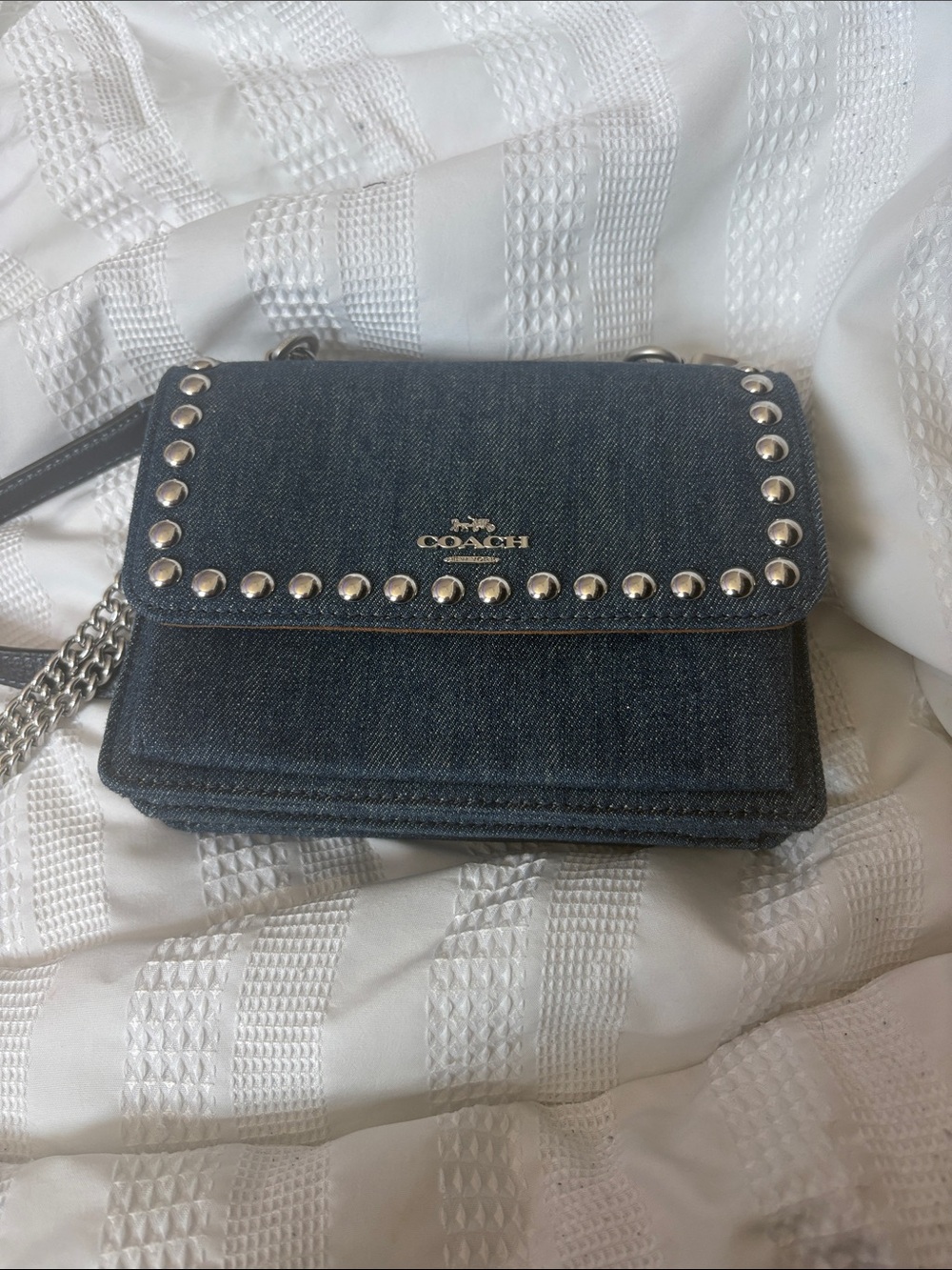 Coach Dark Denim Studded Crossbody Bag with Chain Strap